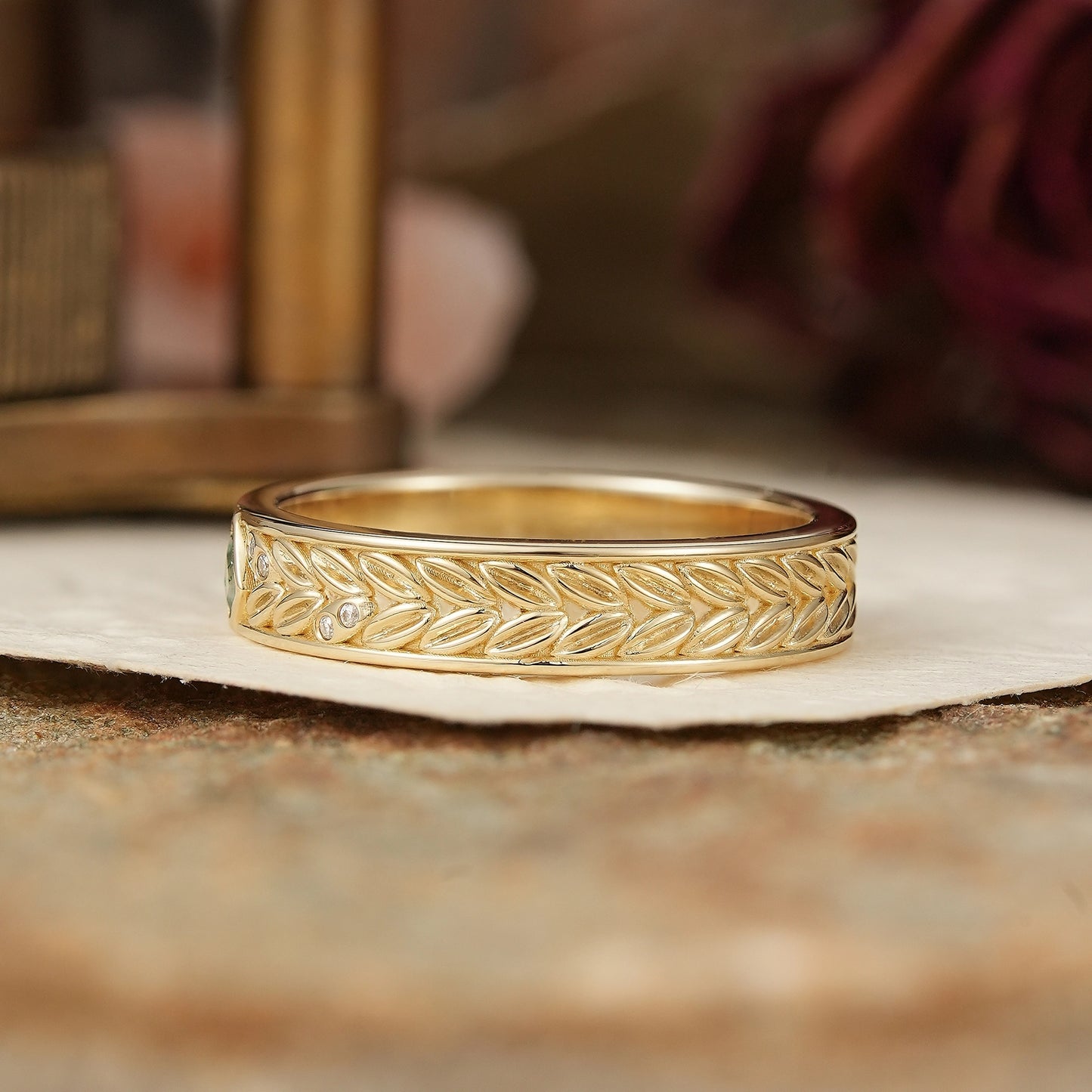 Kite Cut Bezel Moss Agate Leaf Inspired Men's Ring