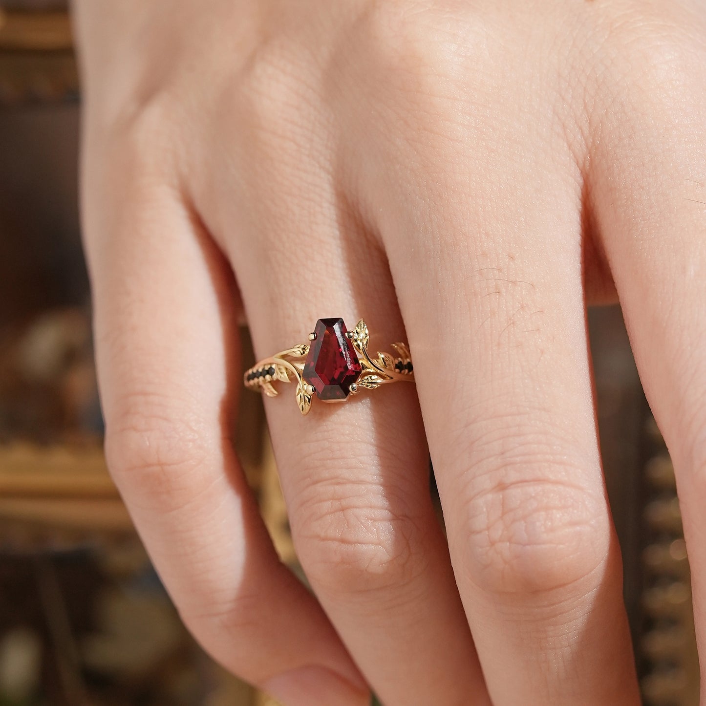 Unique Coffin Cut Garnet And Black Onyx Leaf Inspired Engagement Ring