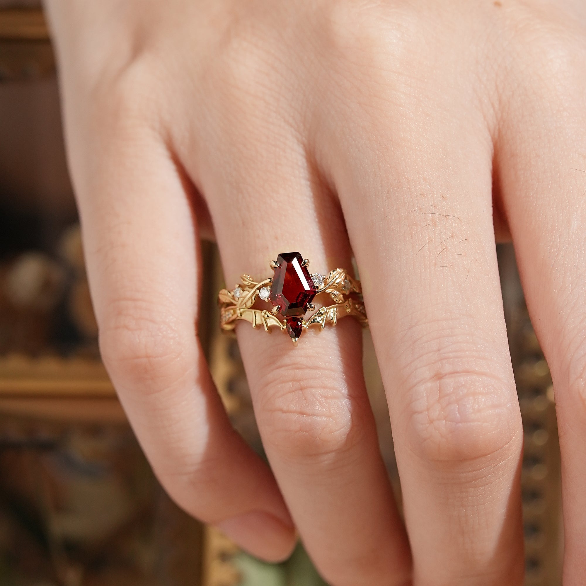 Coffin Cut Garnet Leaf Inspired And Bat Wing Bridal Ring Set - Layla