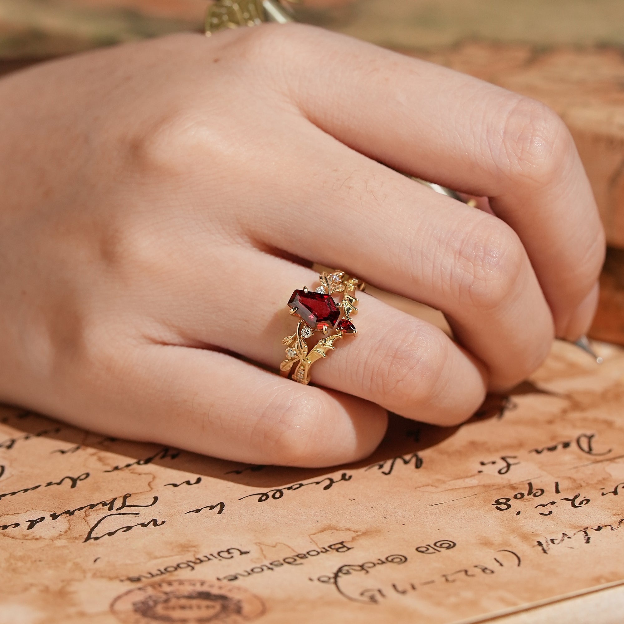 Coffin Cut Garnet Leaf Inspired And Bat Wing Bridal Ring Set - Layla