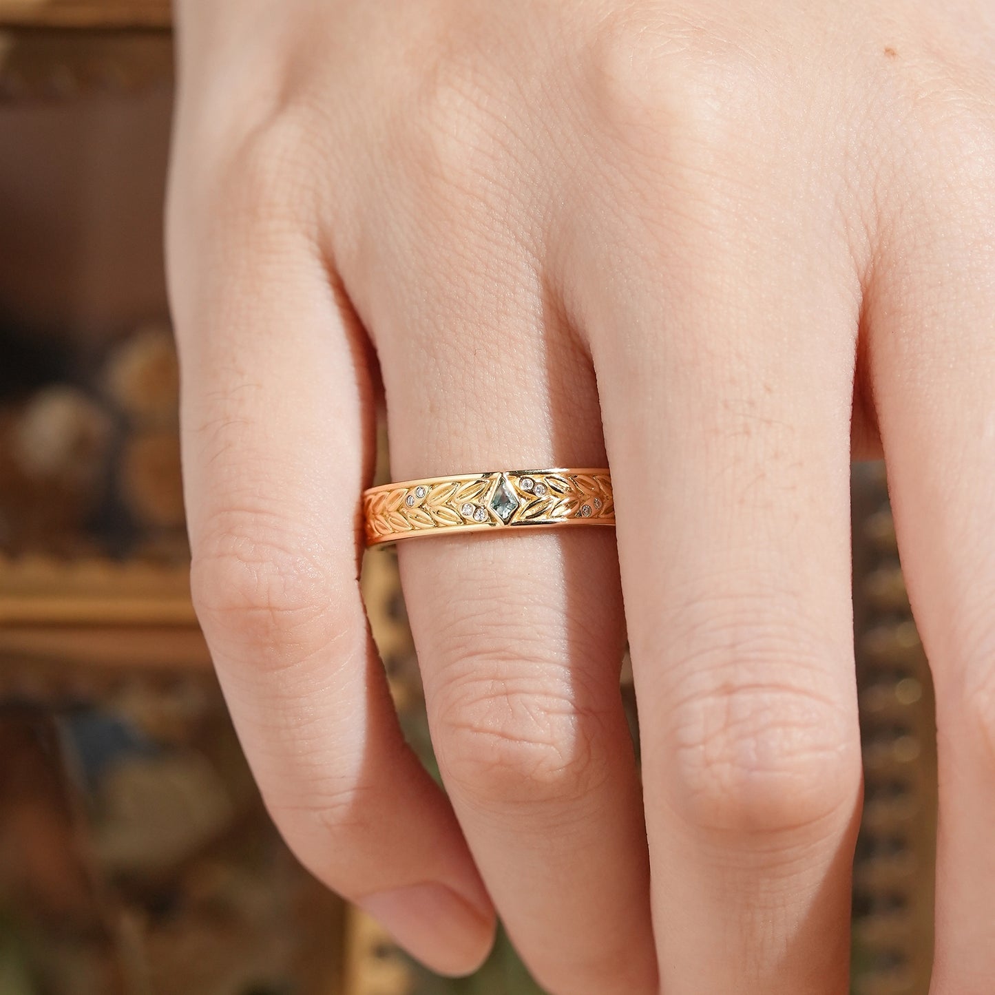 Kite Cut Bezel Moss Agate Leaf Inspired Men's Ring