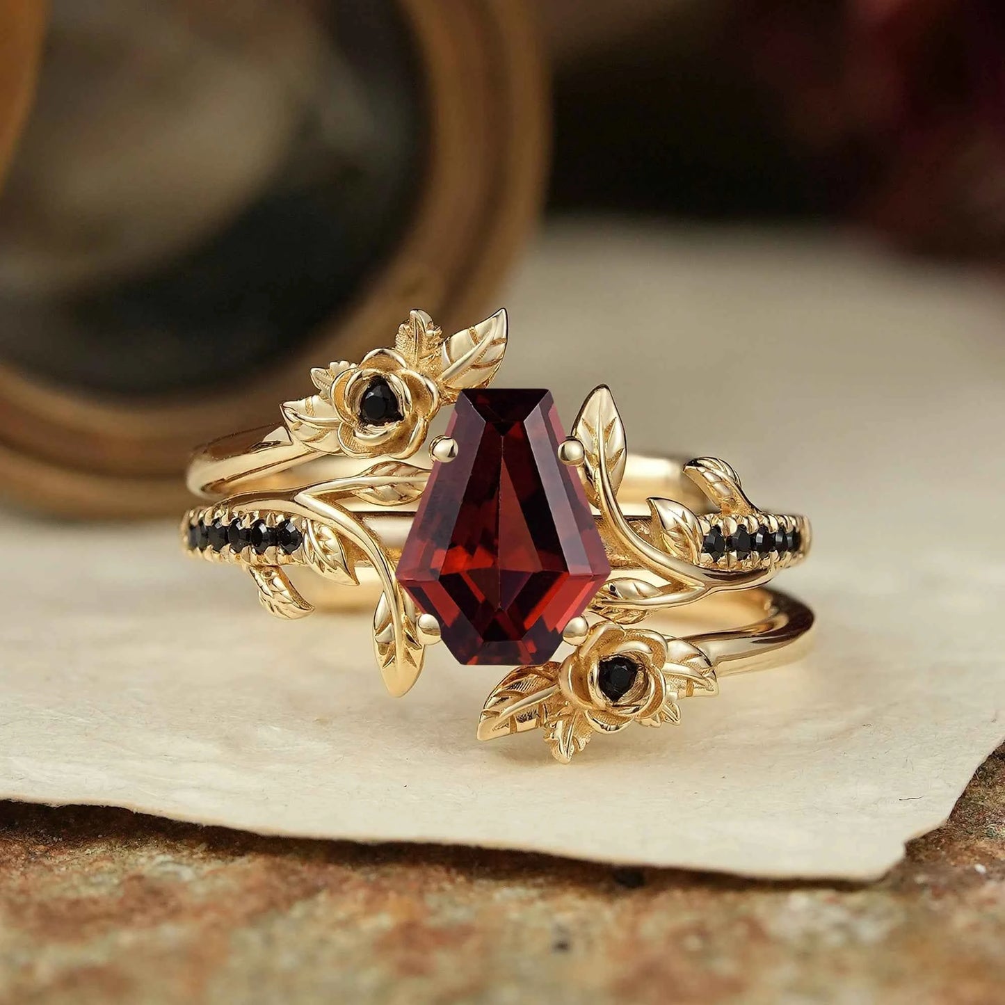 Coffin Cut Garnet And Black Onyx Floral Enhancer Ring Set - Rose Blossom