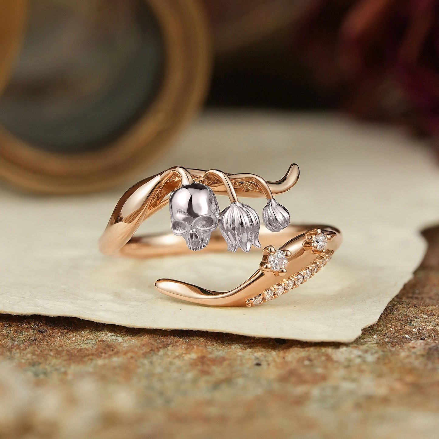 Gothic Skull and Lily of the Valley Inspired Straight Wedding Ring