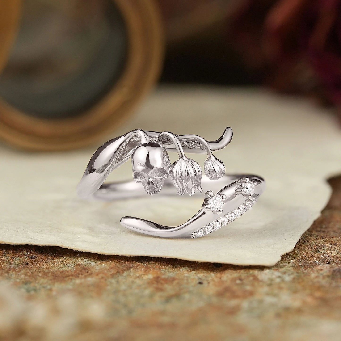 Gothic Skull and Lily of the Valley Inspired Straight Wedding Ring