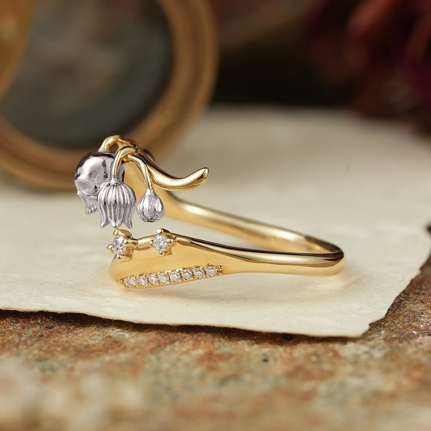 Gothic Skull and Lily of the Valley Inspired Straight Wedding Ring