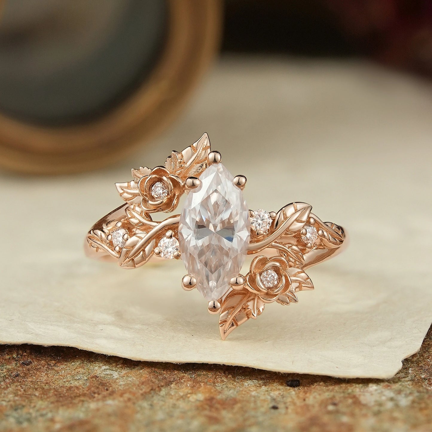 Marquise Cut Moissanite Flower Inspired Engagement Ring - Rose Blossom
