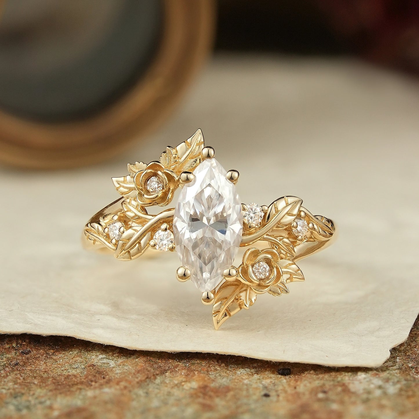 Marquise Cut Moissanite Flower Inspired Engagement Ring - Rose Blossom