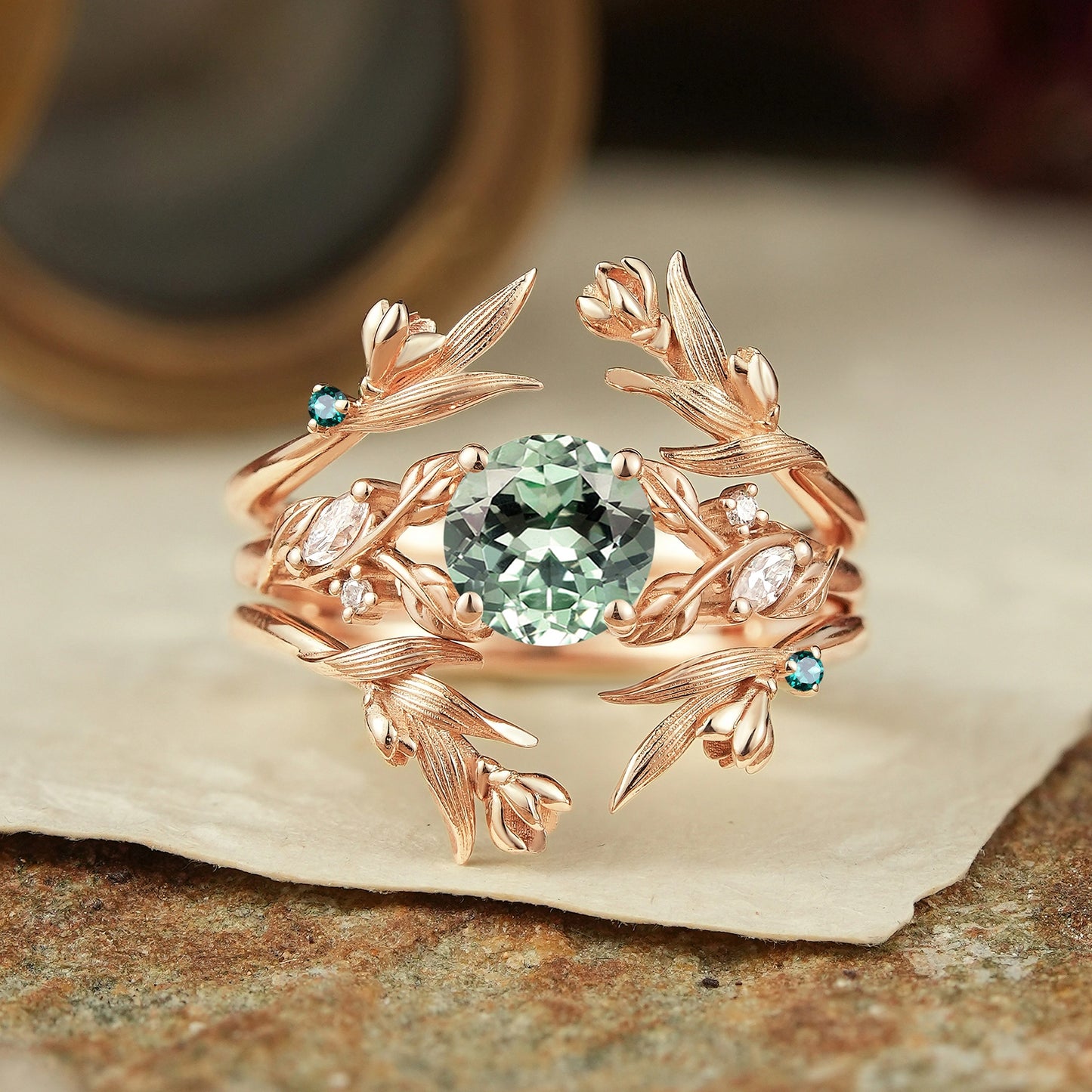 Green Sapphire Leaf And Flower Inspired Ehancer Bridal Ring Set