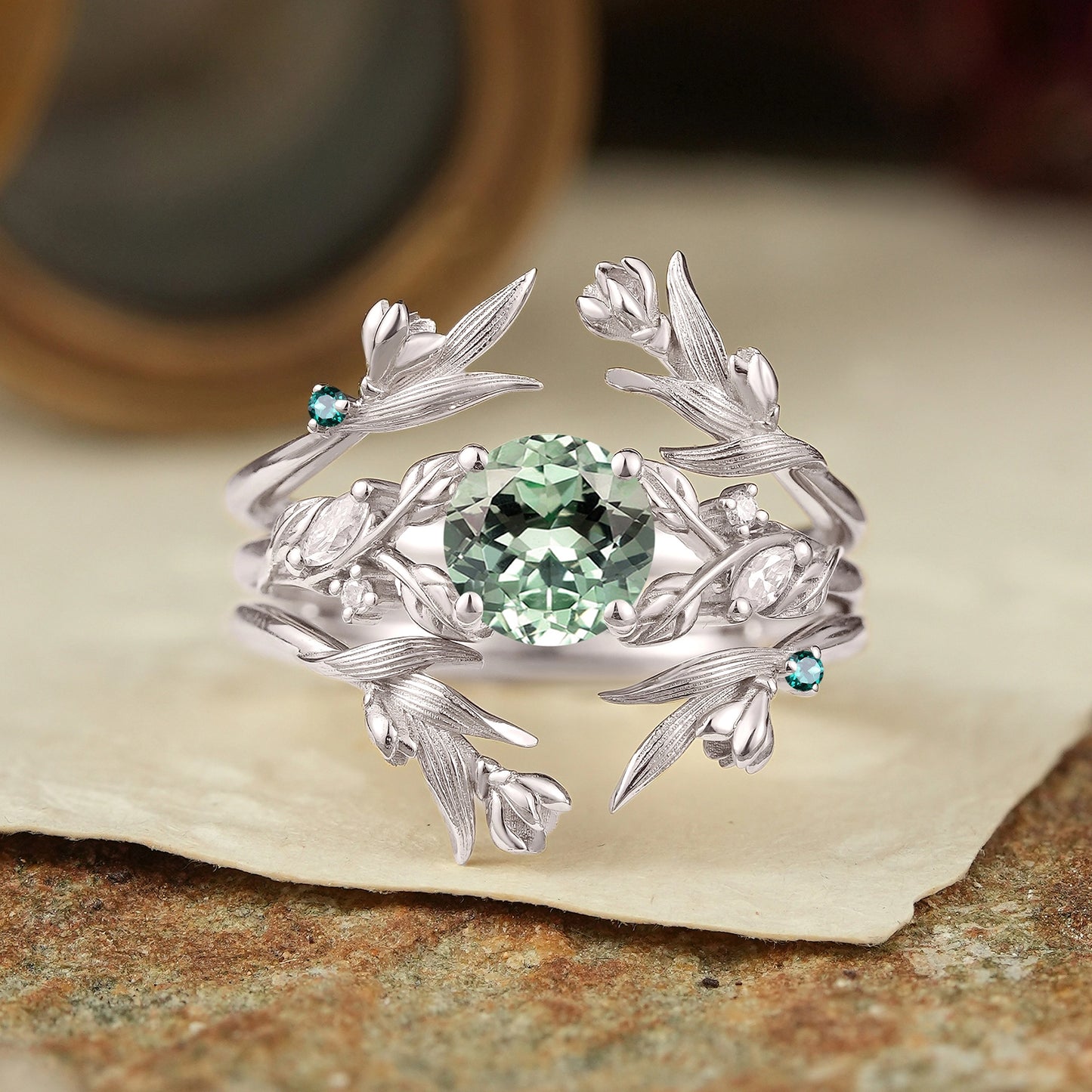 Green Sapphire Leaf And Flower Inspired Ehancer Bridal Ring Set
