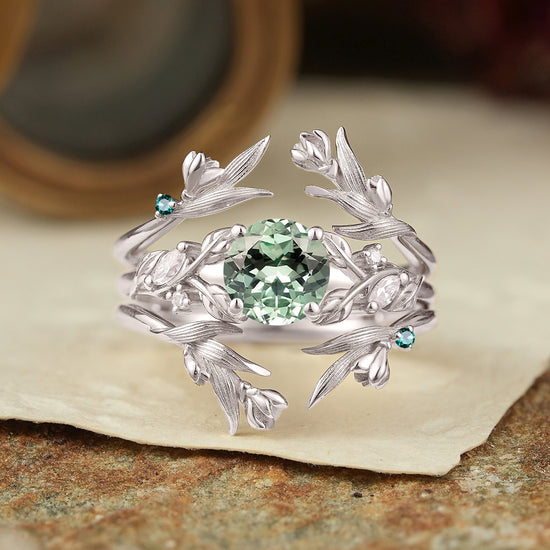 Green Sapphire Leaf And Flower Inspired Ehancer Bridal Ring Set