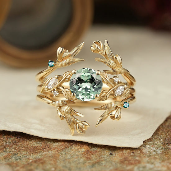 Green Sapphire Leaf And Flower Inspired Ehancer Bridal Ring Set