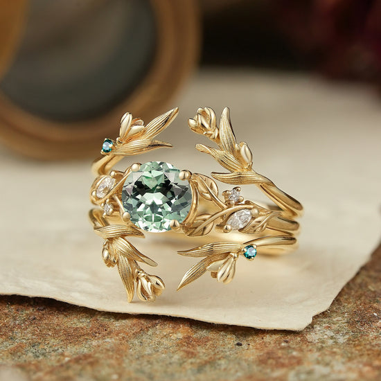 Green Sapphire Leaf And Flower Inspired Ehancer Bridal Ring Set