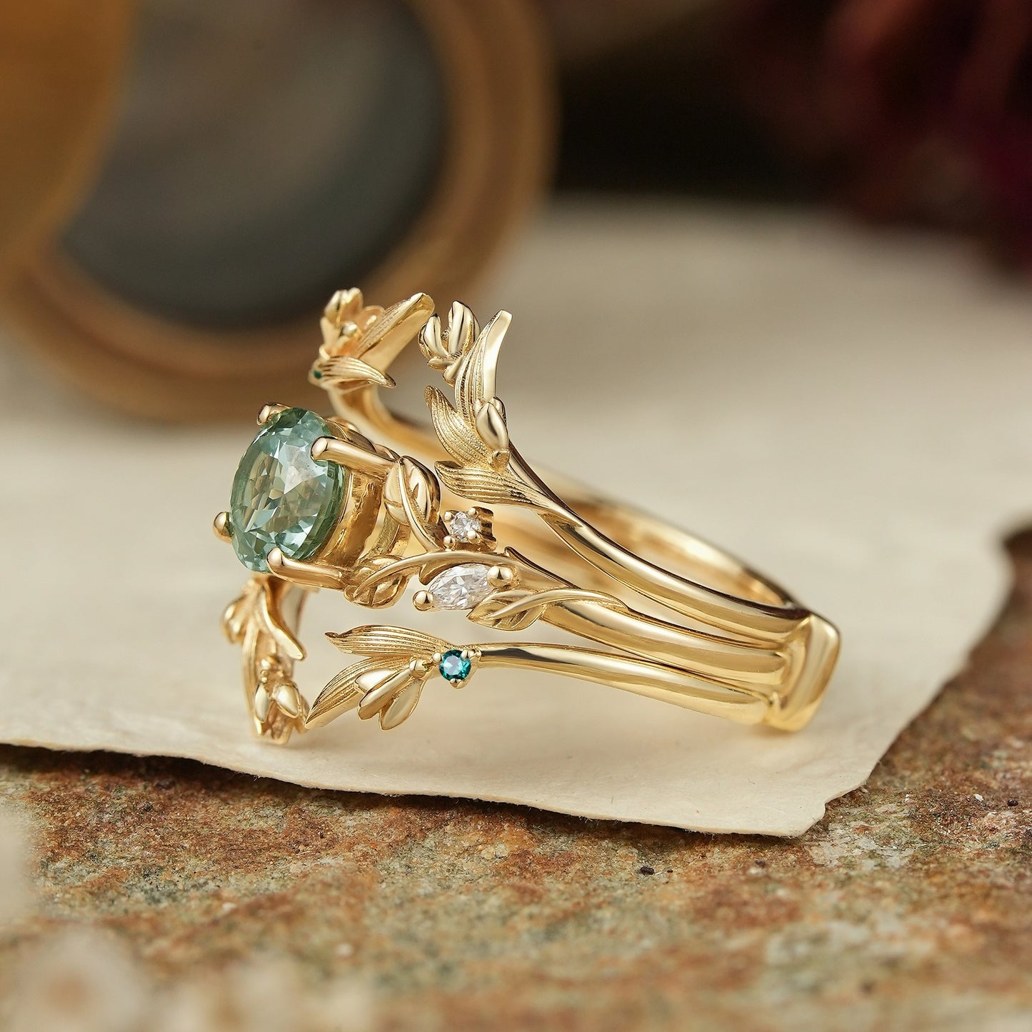 Green Sapphire Leaf And Flower Inspired Ehancer Bridal Ring Set