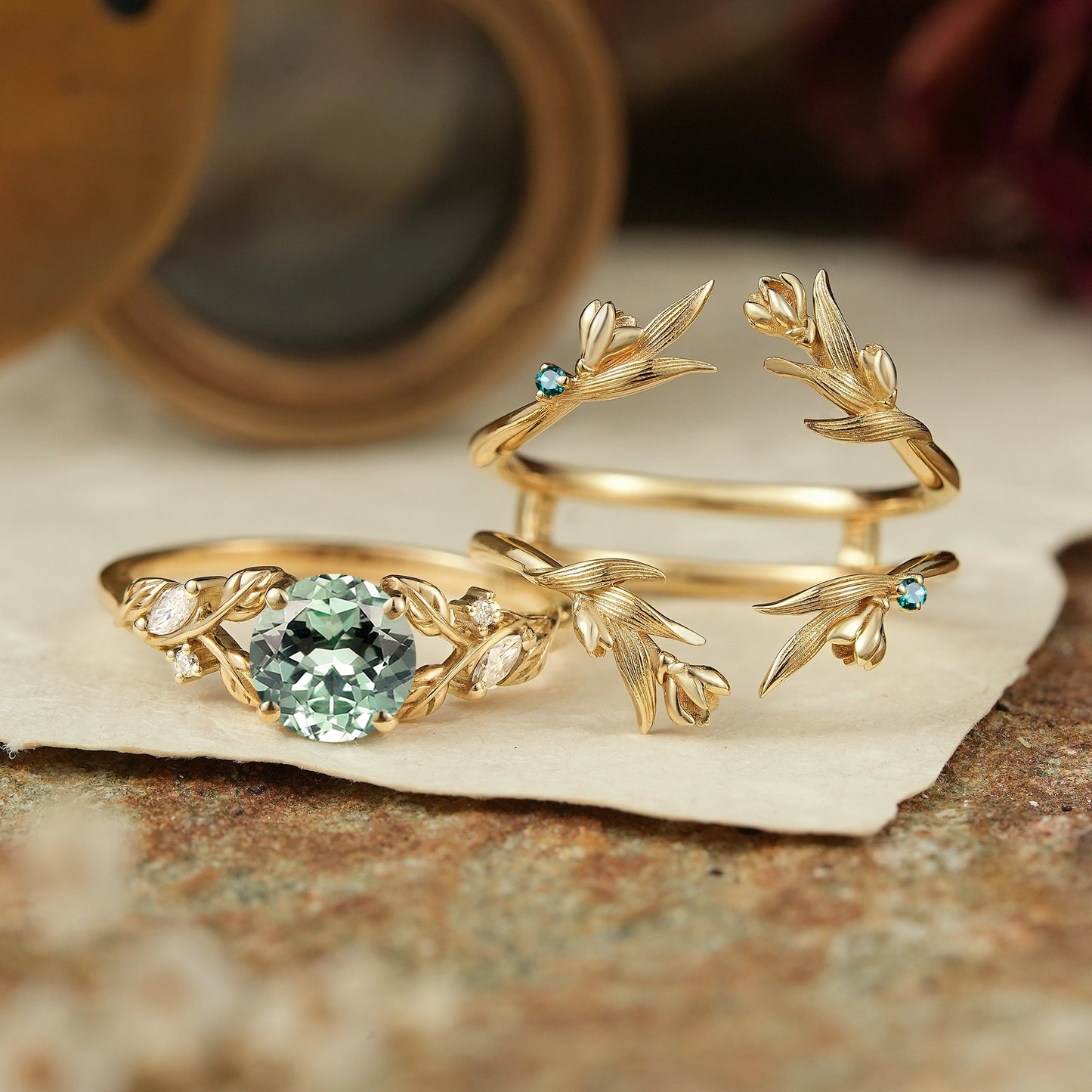 Green Sapphire Leaf And Flower Inspired Ehancer Bridal Ring Set