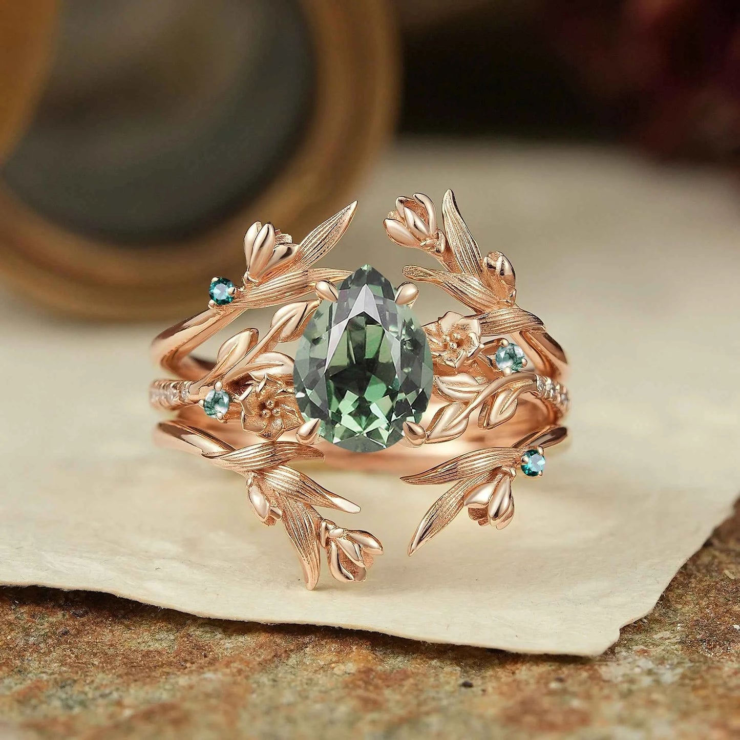 Green Sapphire Nature Inspired Ring Enhancer Bridal Ring Set