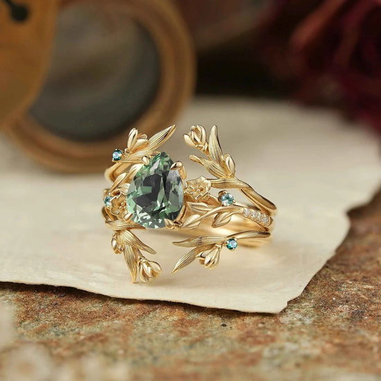 Green Sapphire Nature Inspired Ring Enhancer Bridal Ring Set