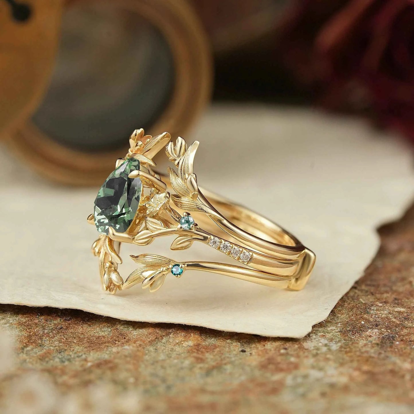 Green Sapphire Nature Inspired Ring Enhancer Bridal Ring Set