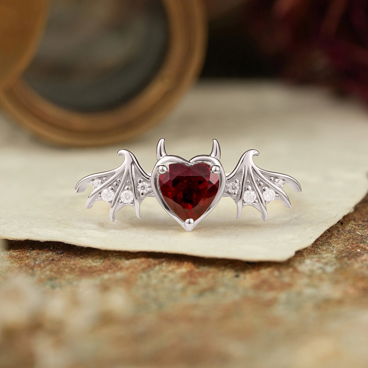 Unique Heart Cut Ruby Bat Inspired Engagement Ring