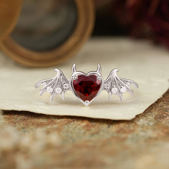 Unique Heart Cut Ruby Bat Inspired Engagement Ring