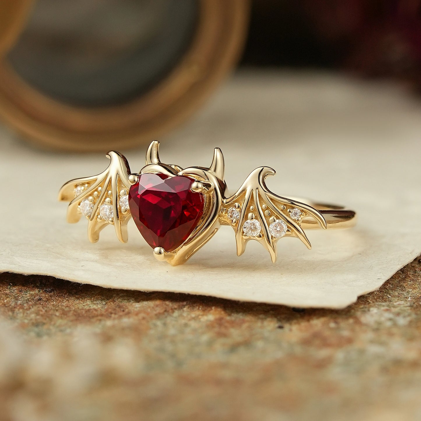 Unique Heart Cut Ruby Bat Inspired Engagement Ring