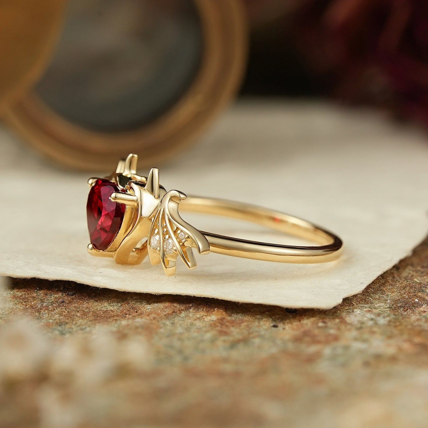 Unique Heart Cut Ruby Bat Inspired Engagement Ring