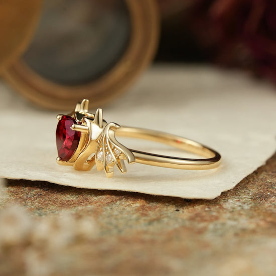 Unique Heart Cut Ruby Bat Inspired Engagement Ring