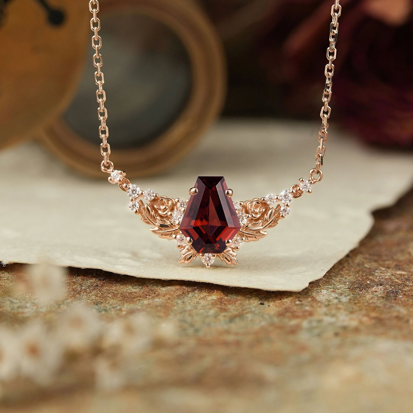 Blooming Rose: Coffin Garnet Floral Leaf Inspired Necklace Halloween Gift For Her