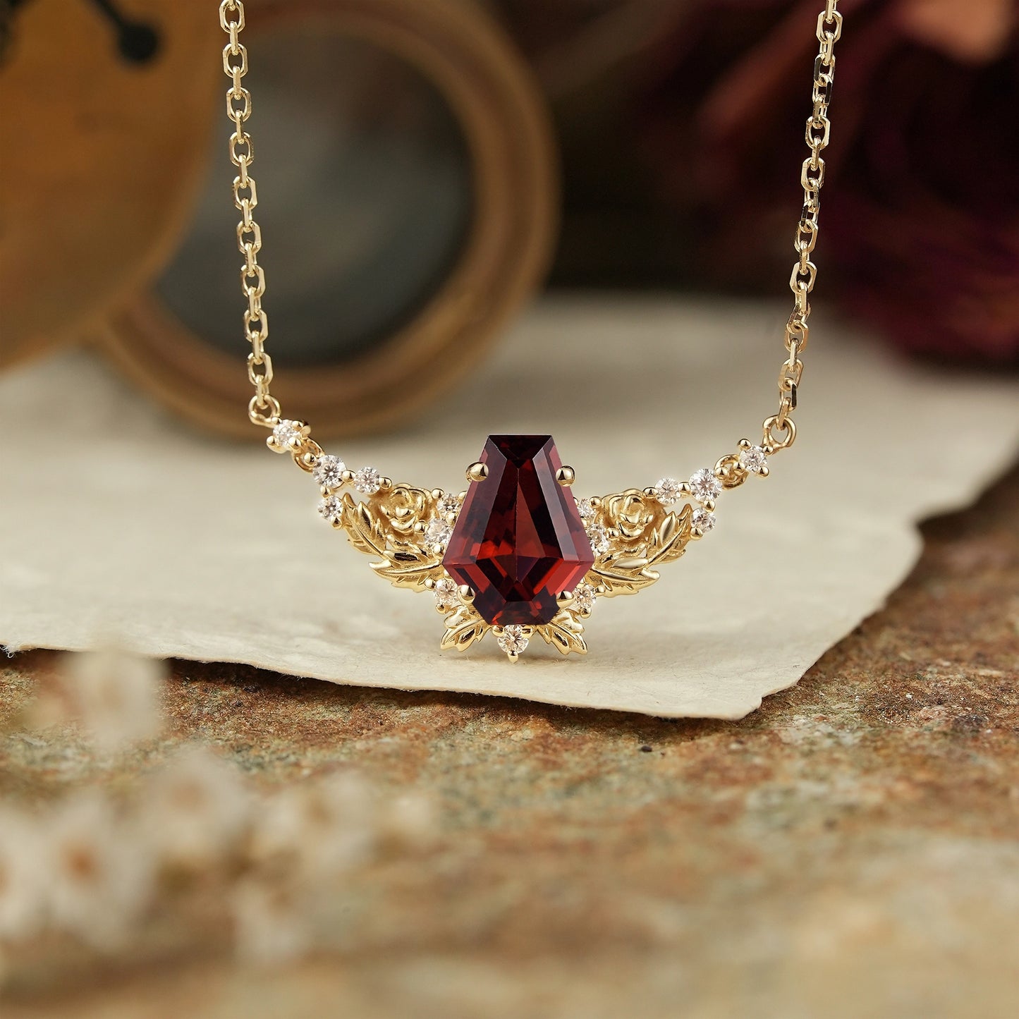 Blooming Rose: Coffin Garnet Floral Leaf Inspired Necklace Halloween Gift For Her