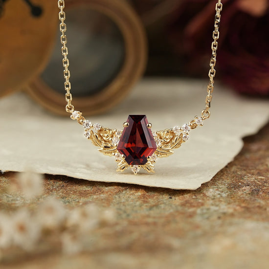 Blooming Rose: Coffin Garnet Floral Leaf Inspired Necklace Halloween Gift For Her
