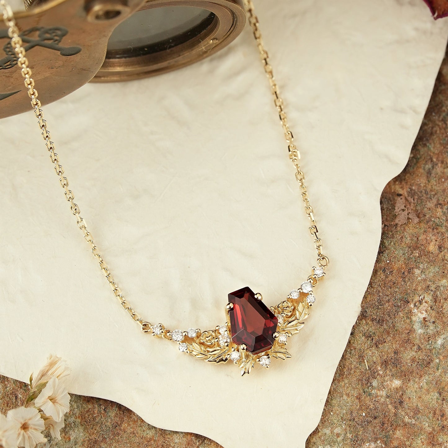 Blooming Rose: Coffin Garnet Floral Leaf Inspired Necklace Halloween Gift For Her