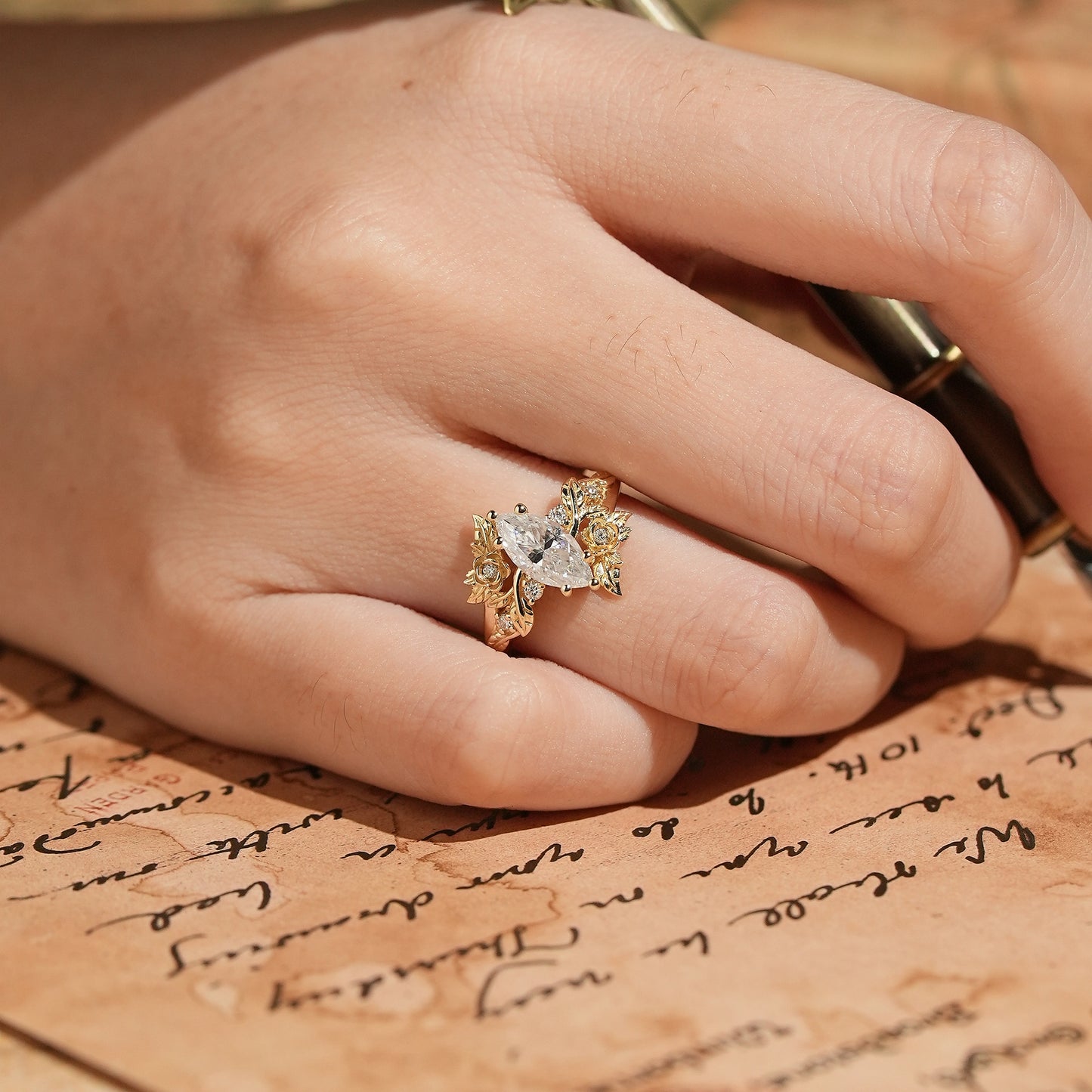 Marquise Cut Moissanite Flower Inspired Engagement Ring - Rose Blossom