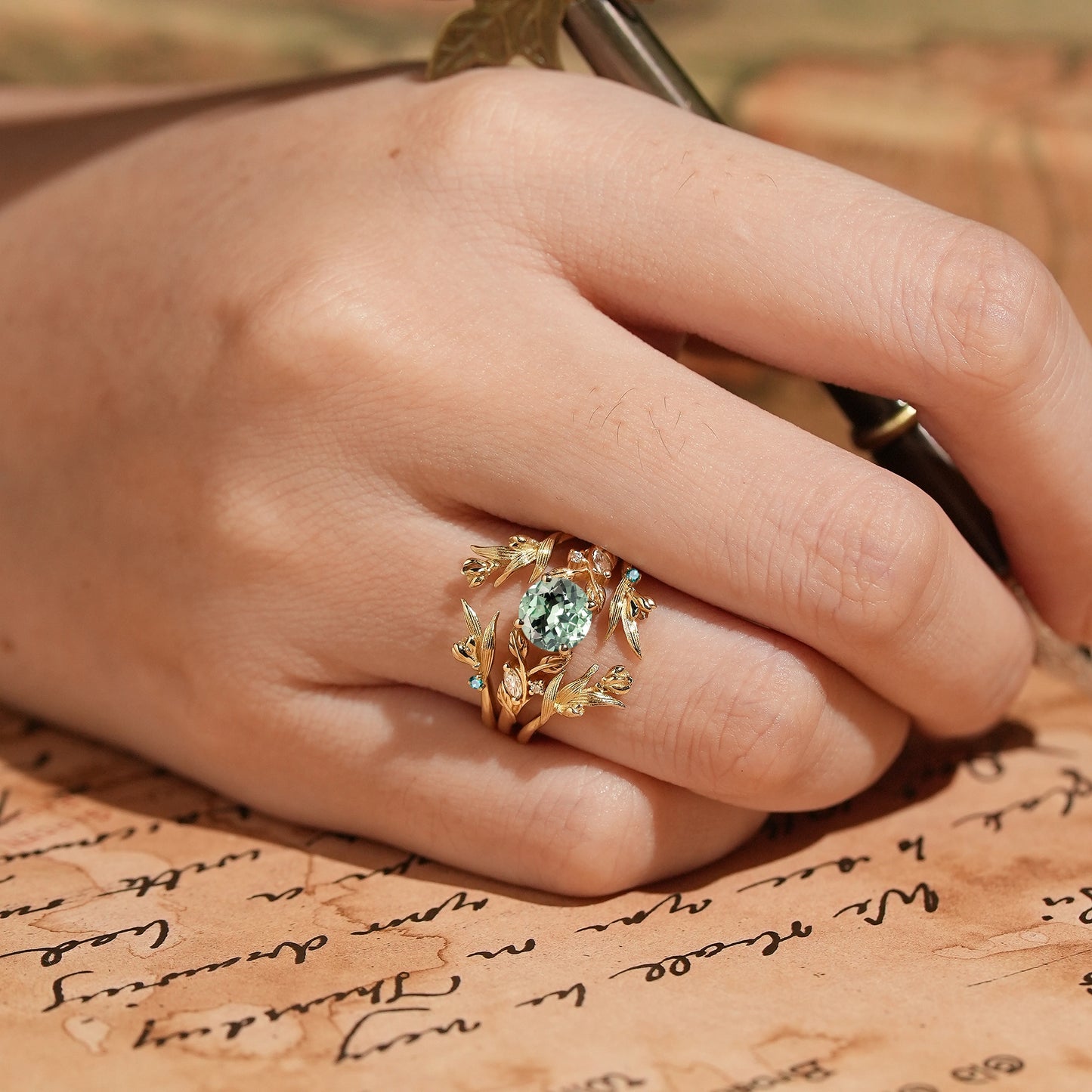 Green Sapphire Leaf And Flower Inspired Ehancer Bridal Ring Set