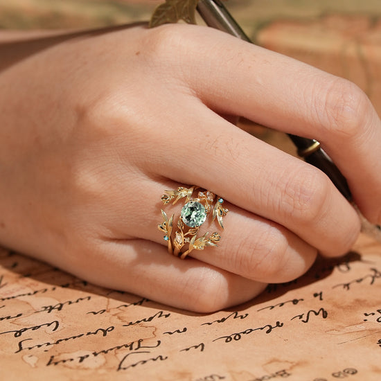 Green Sapphire Leaf And Flower Inspired Ehancer Bridal Ring Set