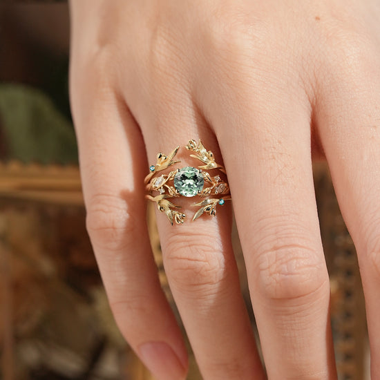 Green Sapphire Leaf And Flower Inspired Ehancer Bridal Ring Set