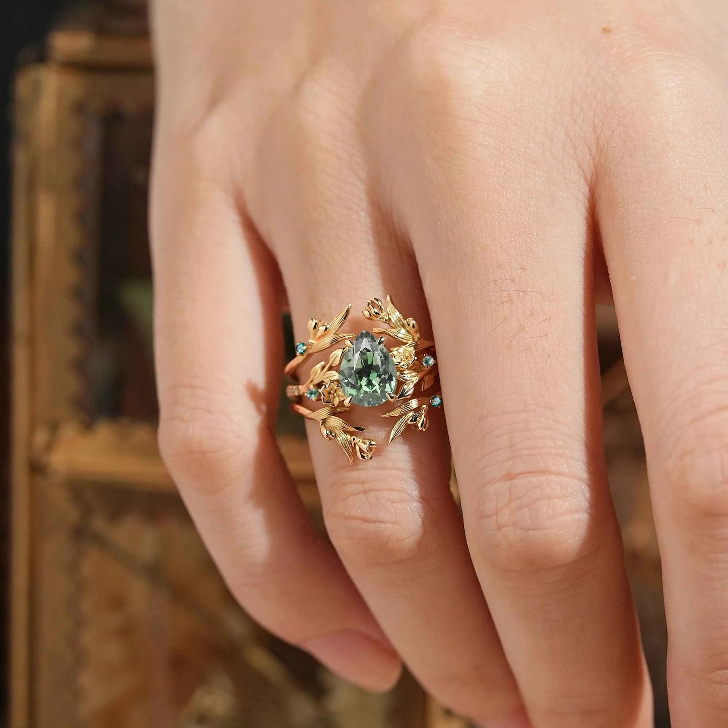 Green Sapphire Nature Inspired Ring Enhancer Bridal Ring Set