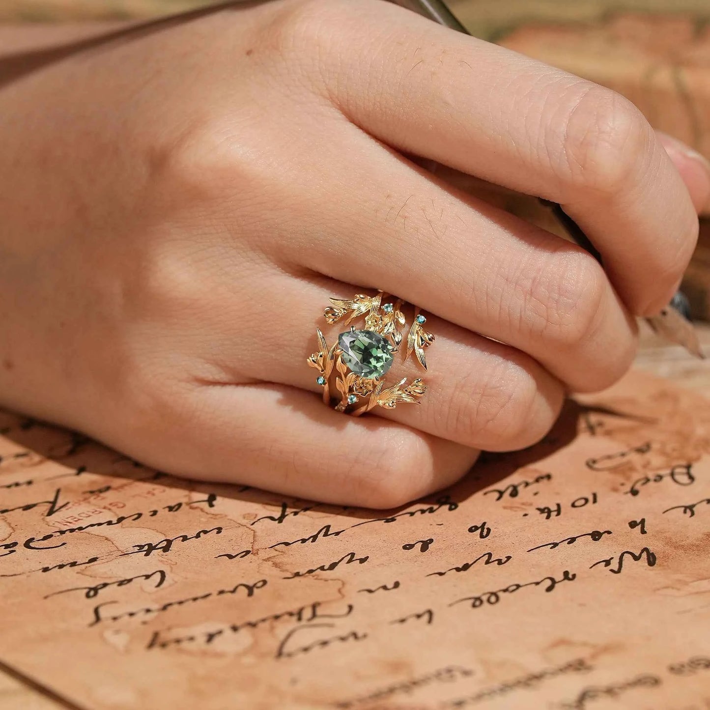 Green Sapphire Nature Inspired Ring Enhancer Bridal Ring Set