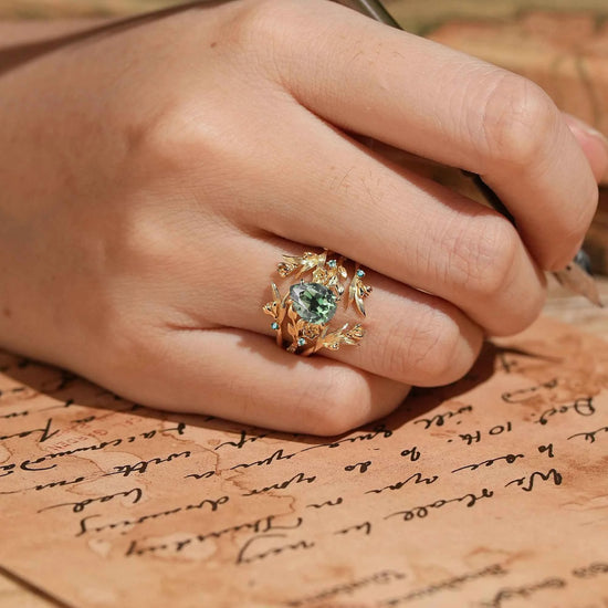 Green Sapphire Nature Inspired Ring Enhancer Bridal Ring Set