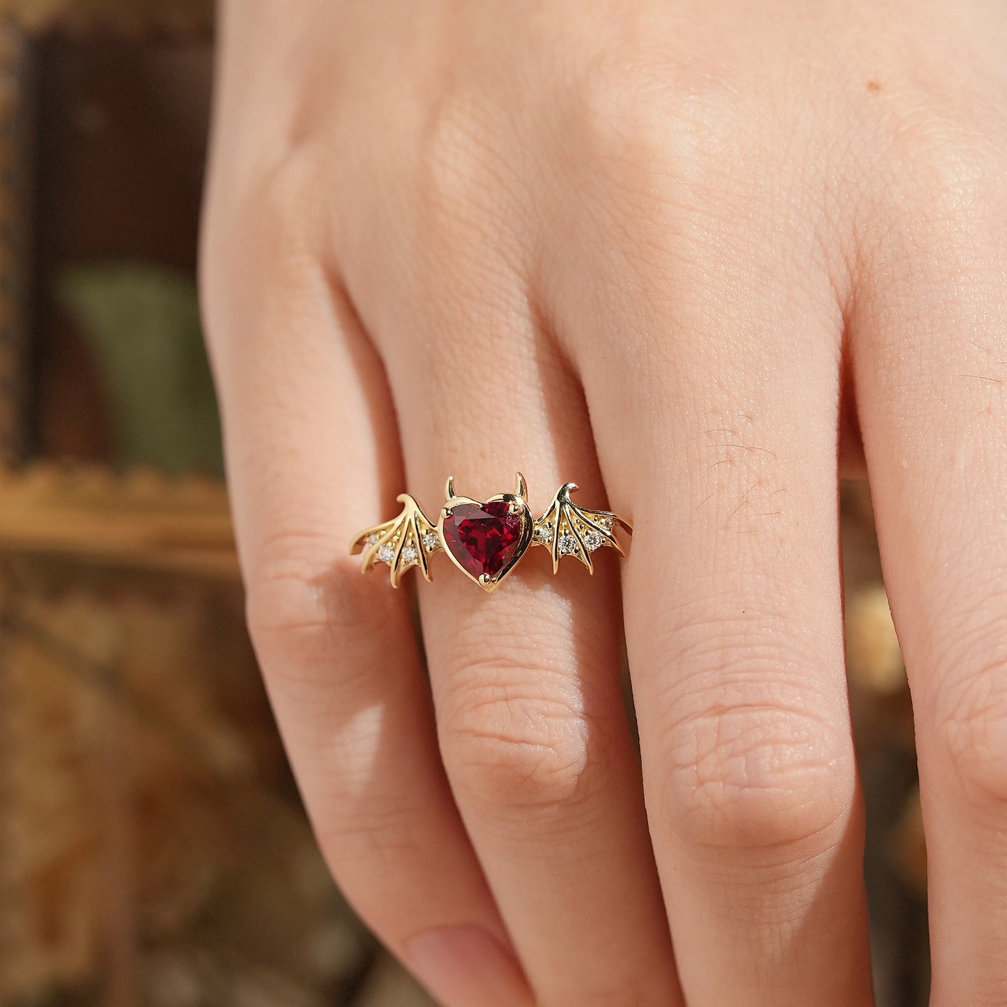 Unique Heart Cut Ruby Bat Inspired Engagement Ring