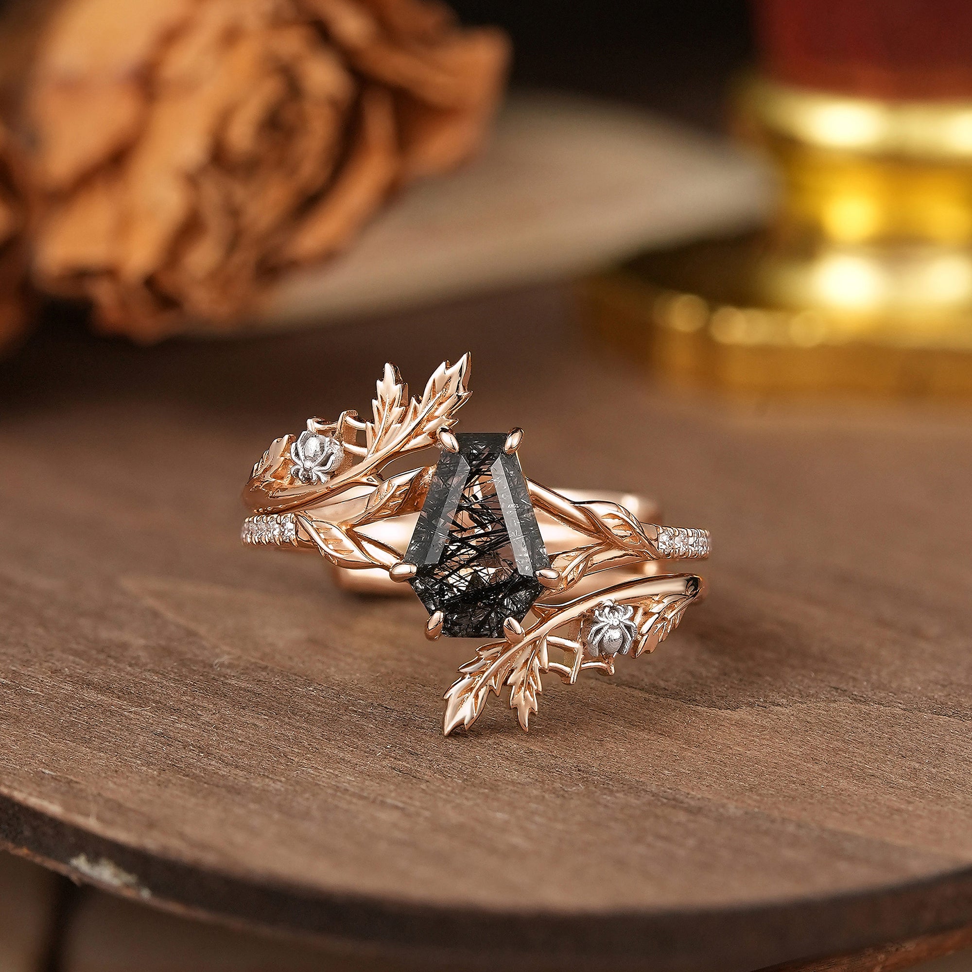 Coffin Cut Black Rutilated Quartz Nature Inspired Bridal Ring Set With Spider Enhancer - Madison