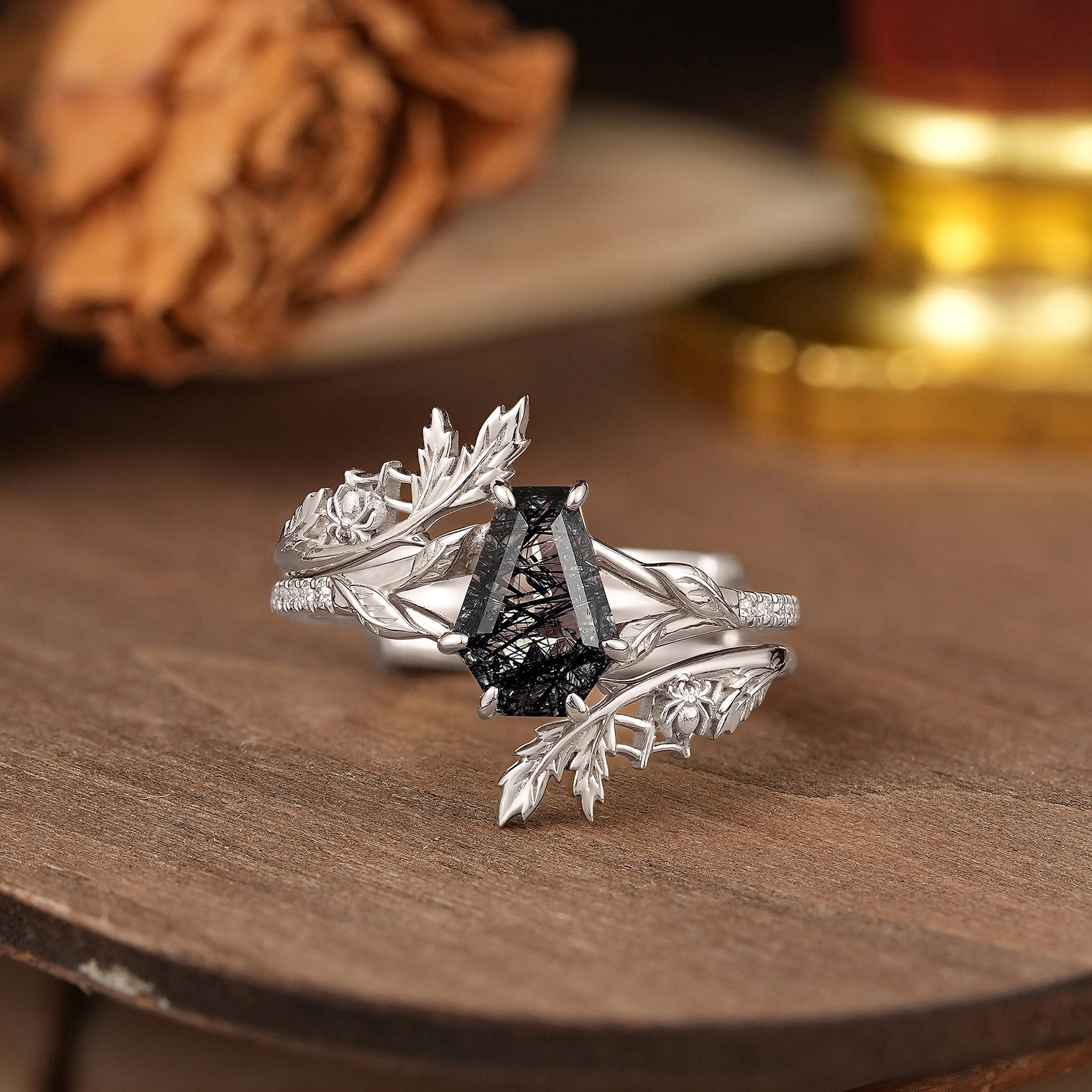 Coffin Cut Black Rutilated Quartz Nature Inspired Bridal Ring Set With Spider Enhancer - Madison