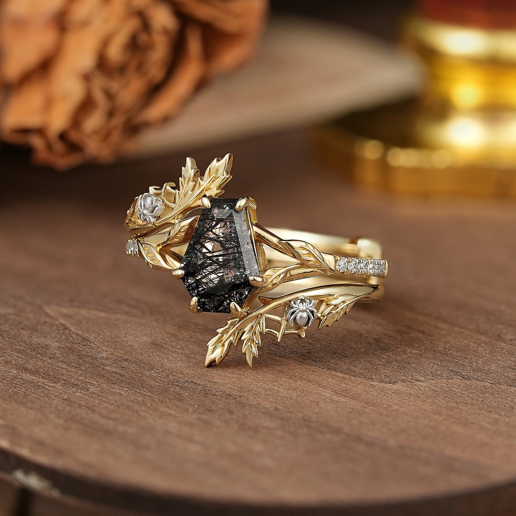 Coffin Cut Black Rutilated Quartz Nature Inspired Bridal Ring Set With Spider Enhancer - Madison