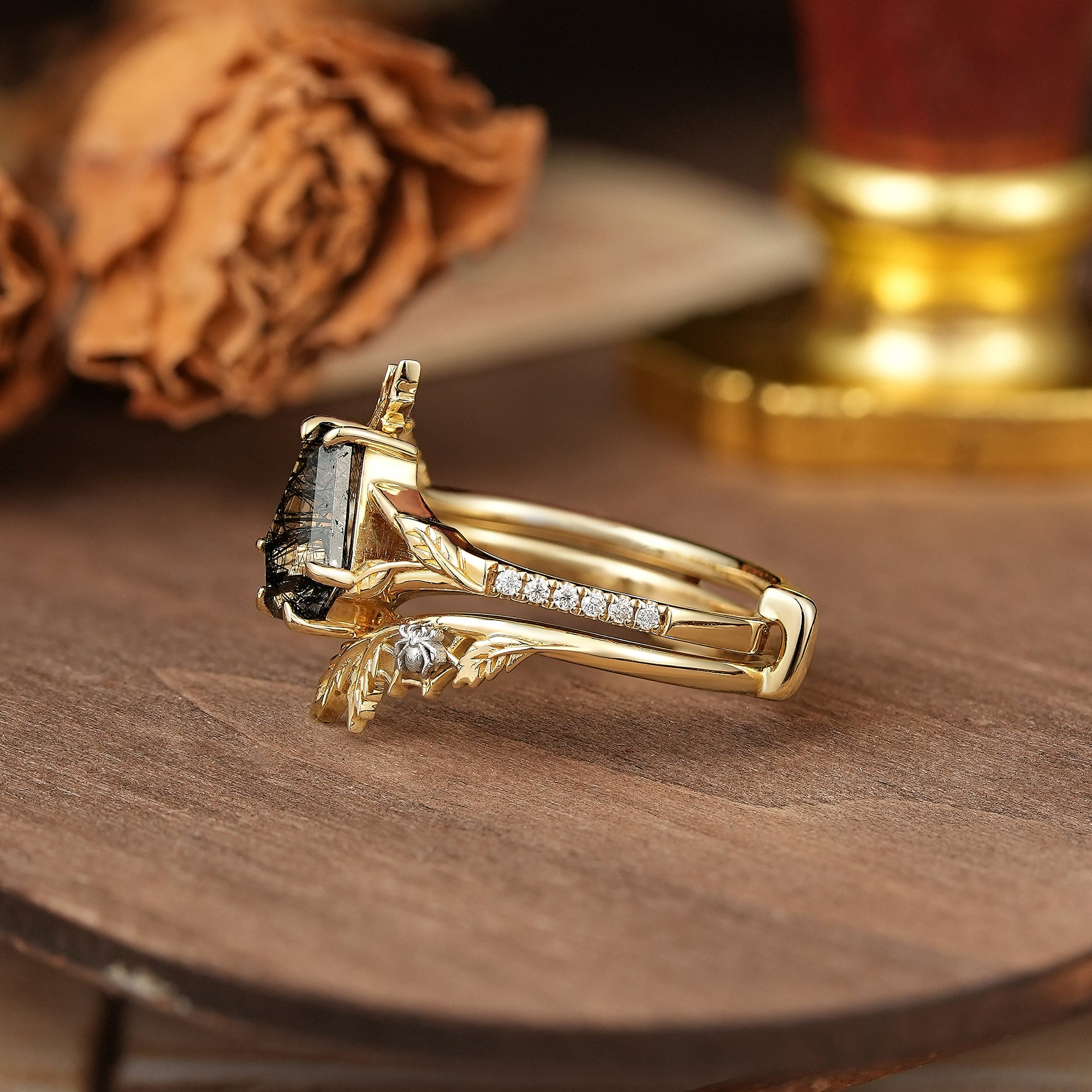 Coffin Cut Black Rutilated Quartz Nature Inspired Bridal Ring Set With Spider Enhancer - Madison