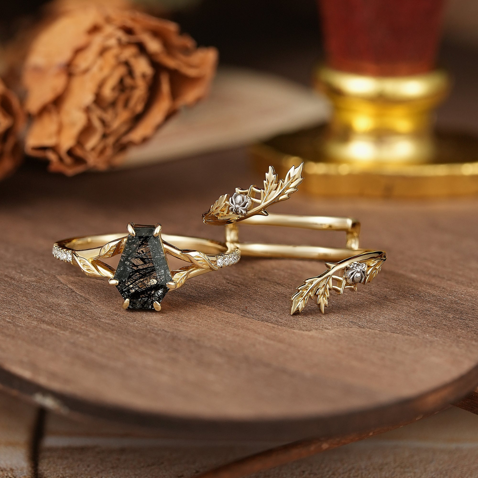 Coffin Cut Black Rutilated Quartz Nature Inspired Bridal Ring Set With Spider Enhancer - Madison