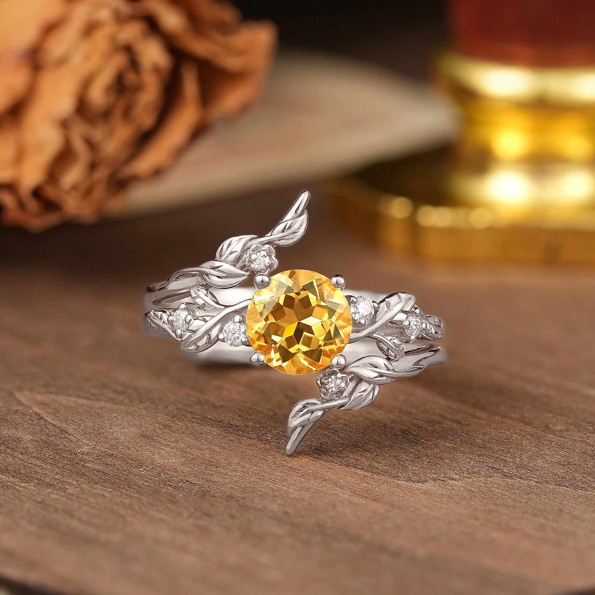Round Cut Citrine Nature Inspired Bridal Ring Set With Enhancer - Nyx