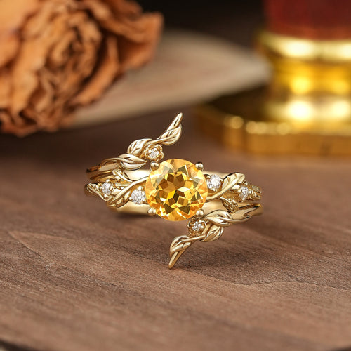 Round Cut Citrine Nature Inspired Bridal Ring Set With Enhancer - Nyx