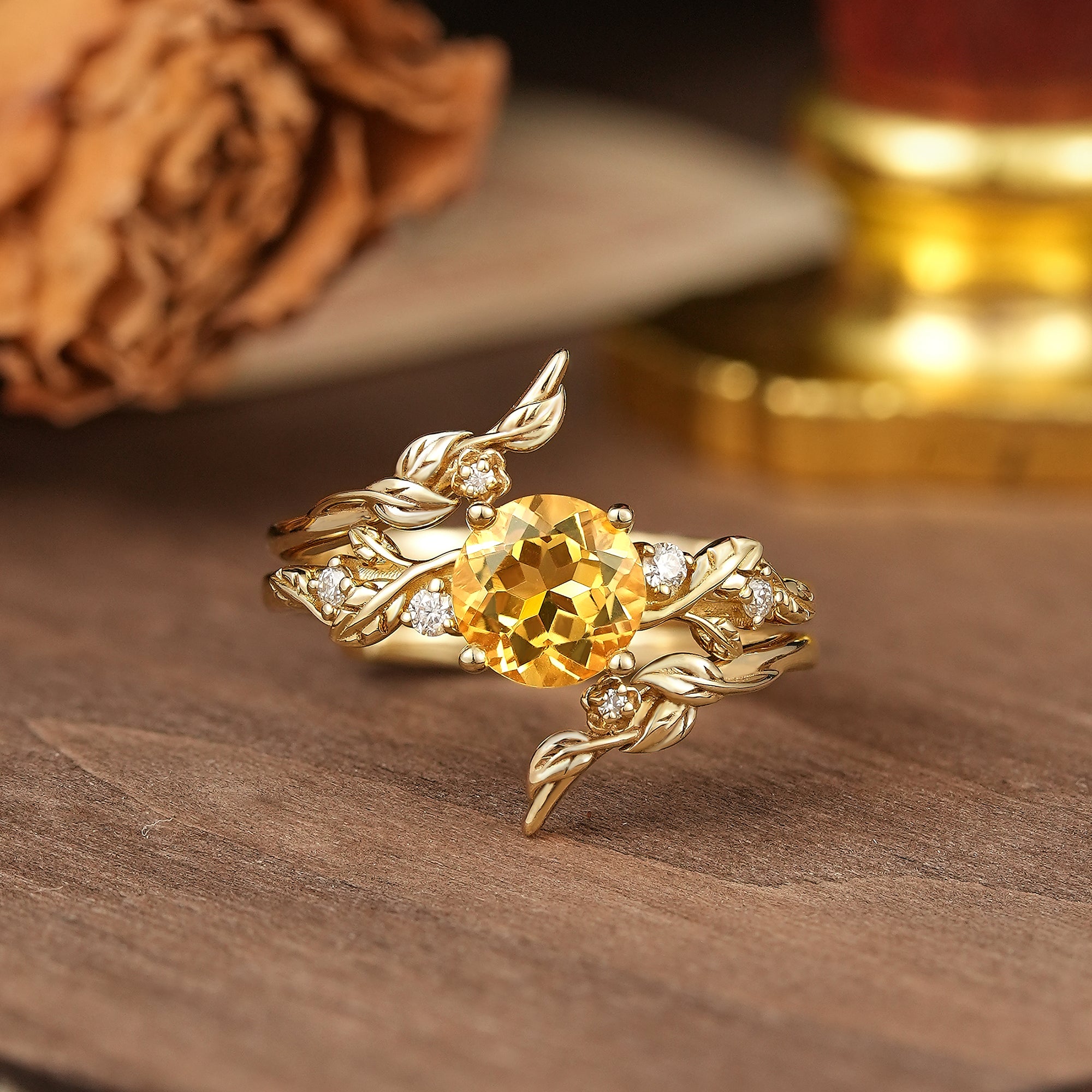 Round Cut Citrine Nature Inspired Bridal Ring Set With Enhancer - Nyx