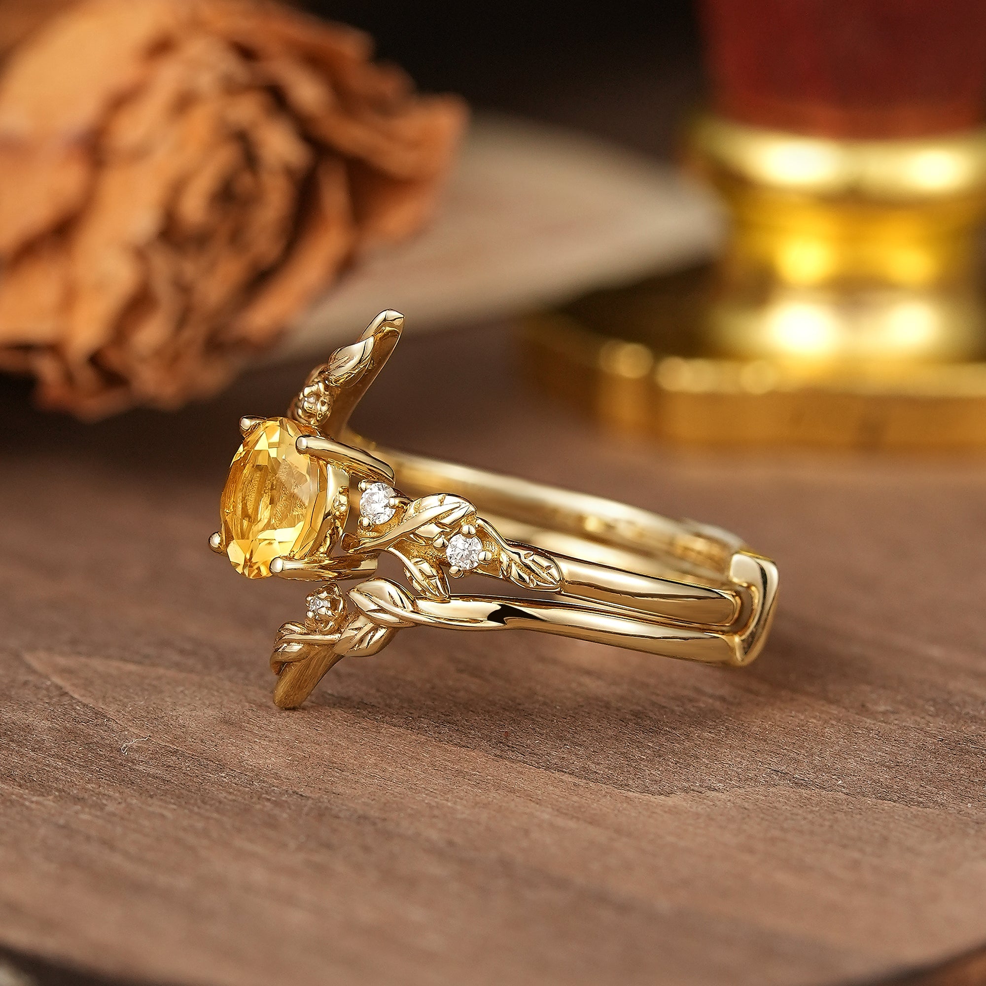 Round Cut Citrine Nature Inspired Bridal Ring Set With Enhancer - Nyx