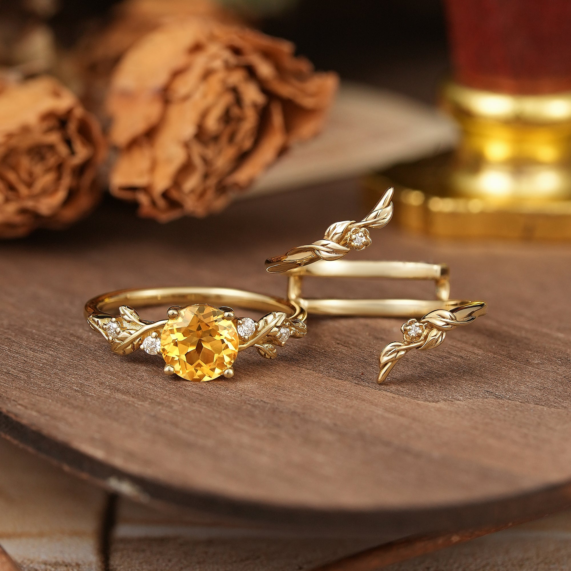 Round Cut Citrine Nature Inspired Bridal Ring Set With Enhancer - Nyx