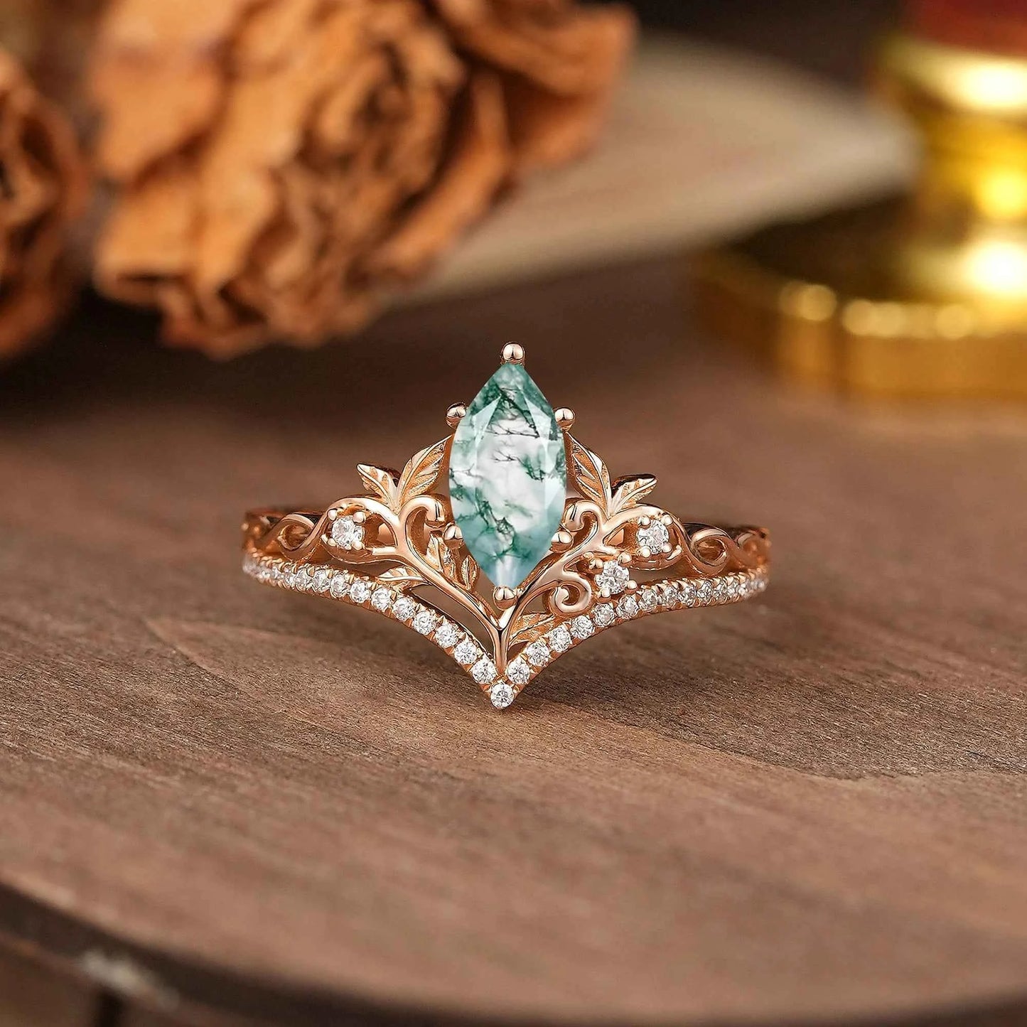 Marquise Cut Moss Agate Leaf And Vine Inspired Elven Engagement Ring