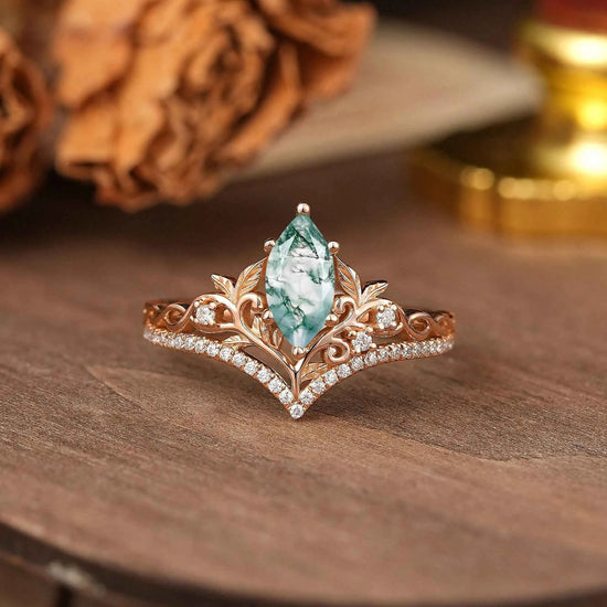 Marquise Cut Moss Agate Leaf And Vine Inspired Elven Engagement Ring